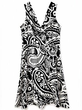 Amanda Smith Sleeveless Black White Paisley Stretch Midi Fit Flare Dress sz 12